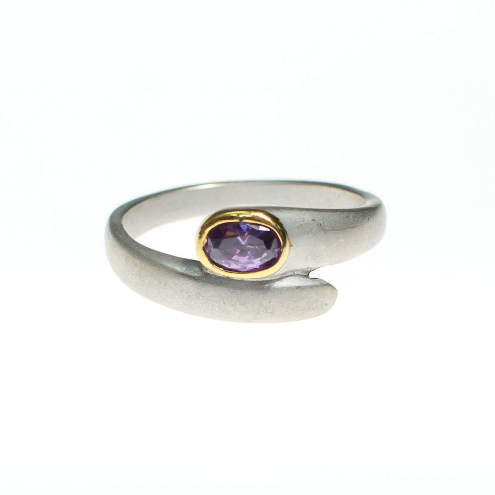 Vintage Brushed Silver Tone Ring with Bezel Set Amethyst
